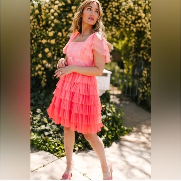 NWT Ivy City Co Womens XL La Ti Do Coral Ombre Tiered Tulle Dress Flutter Sleeve - Picture 2 of 11